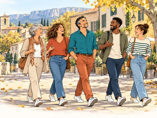 Un groupe d’amis marche ensemble, joyeux, sur la place ensoleillée d’un village en automne