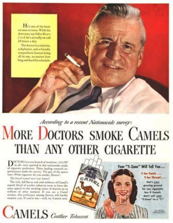 Publicité d'époque où des médecins vantent les bienfaits du tabac