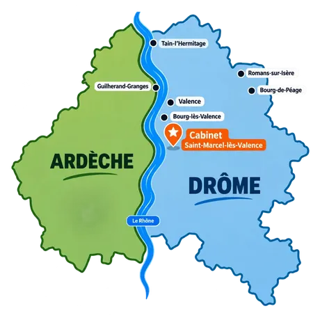 Carte illustrée du territoire Drôme Ardèche : Valence, Tain-l'Hermitage, Guilherand-Granges, Bourg-lès-Valence, Romans-sur-Isère, Bourg-de-Péage, ainsi que Die et Privas — zone d'intervention du cabinet d'hypnothérapie Frédéric Garcia