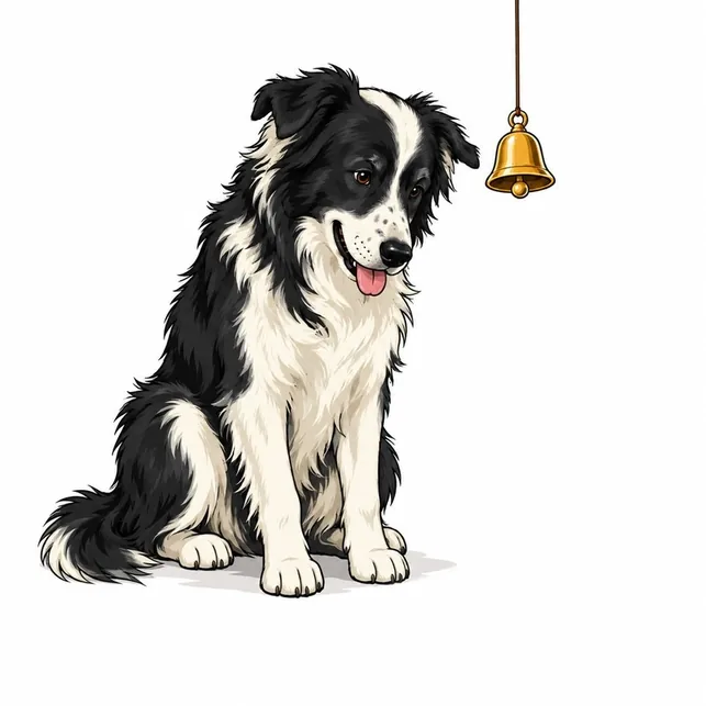 Un chien assis à côté d’une petite cloche suspendue, clin d’œil à l’expérience de Pavlov